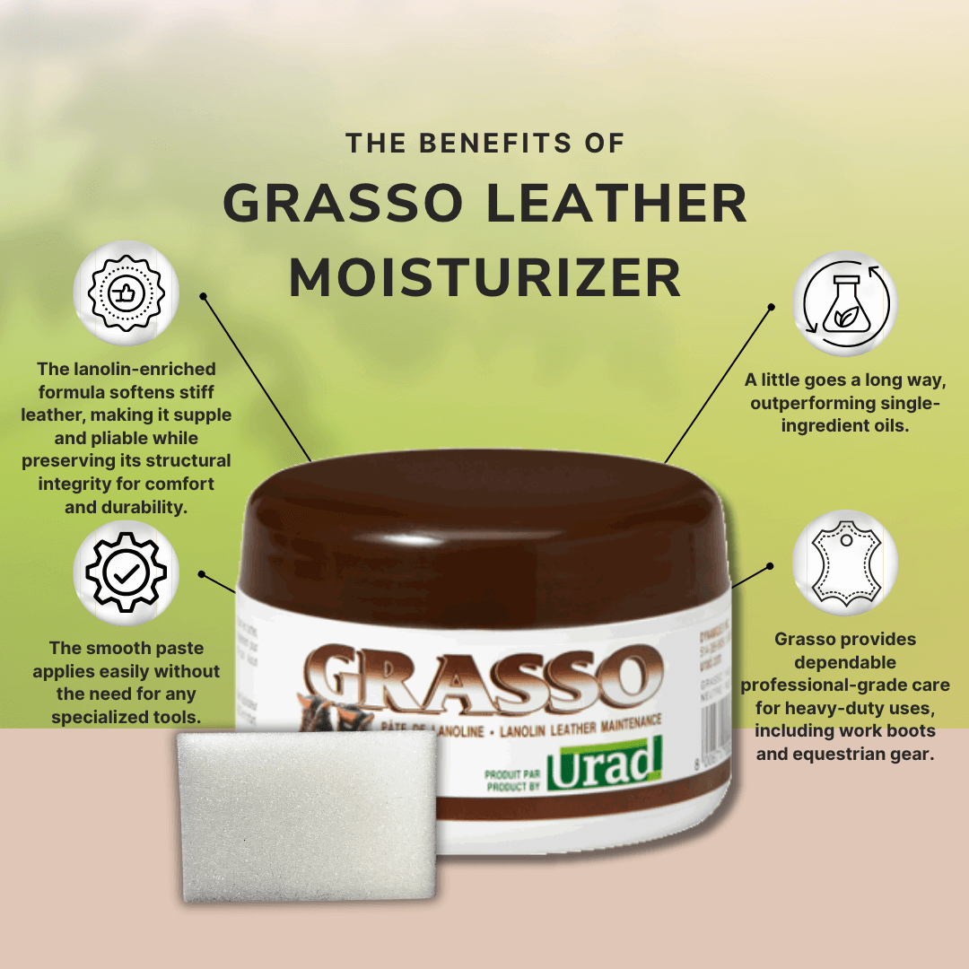 Grasso Lanolin-base product to protect, waterproof and moisturize leather.