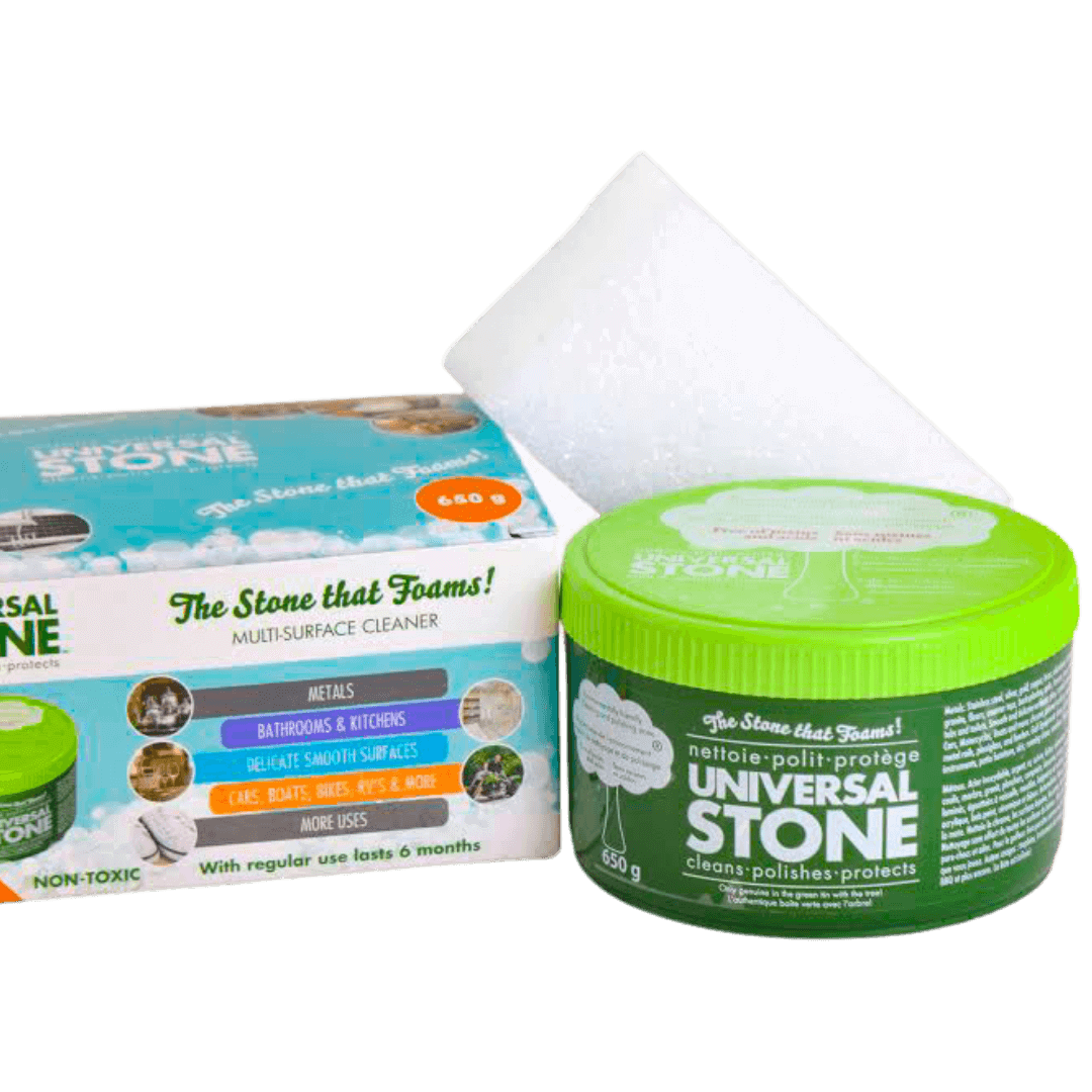 Universal stone cleaner with sponge and box. Universal Stone is a multipurpose cleaner perfect for metals, bathrooms, kitchens, etc.